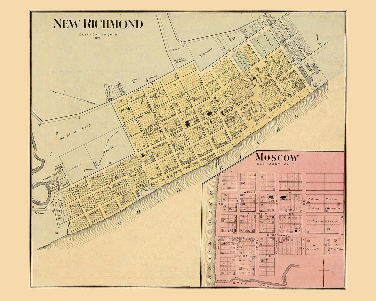 1877 Town Map of New Richmond Clermont County Ohio Moscow