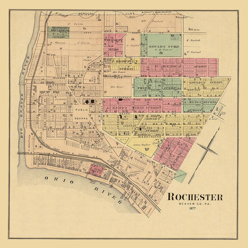 1877 Town Map of Rochester Beaver County PA