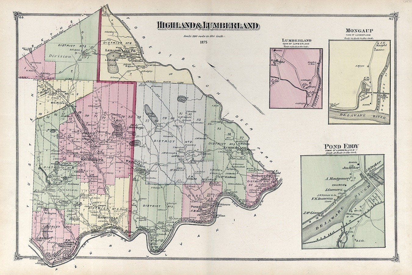 1875 Map of Highland and Lumberland Township Sullivan County New York