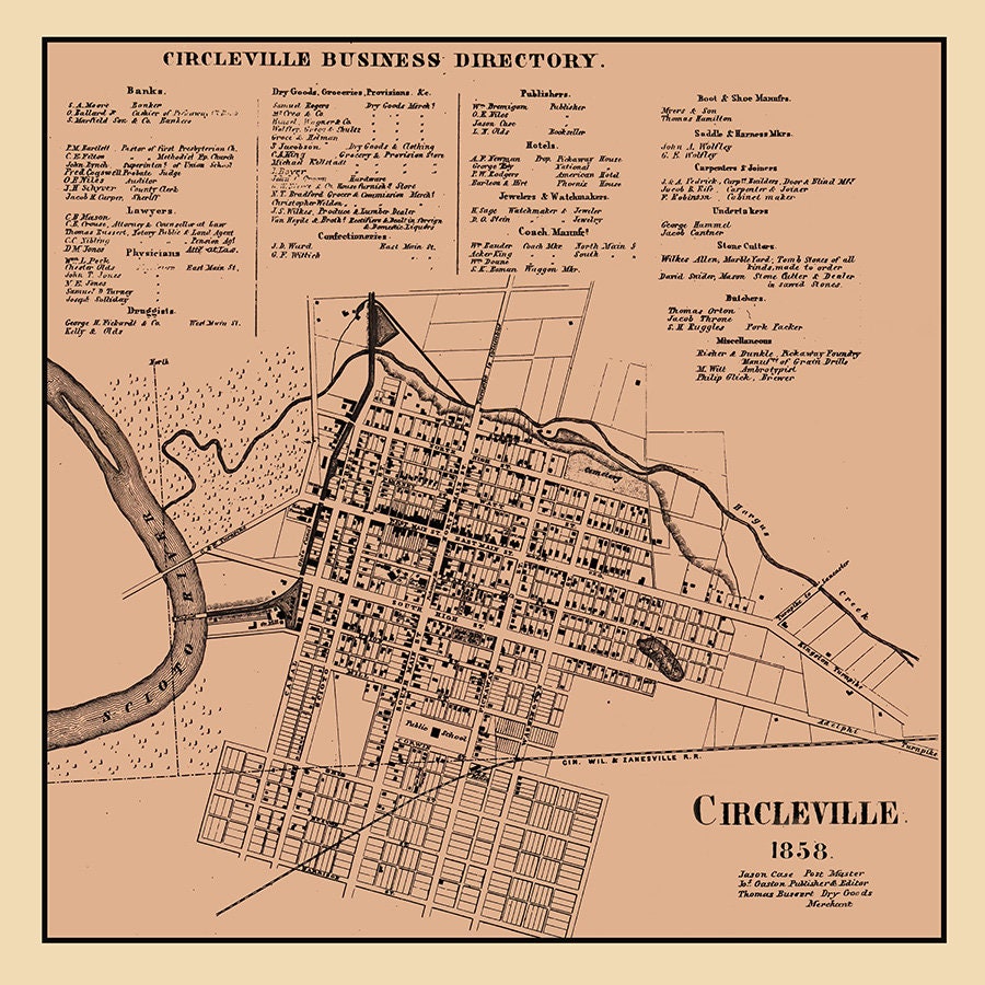 1858 Town Map of Circleville Pickaway County Ohio