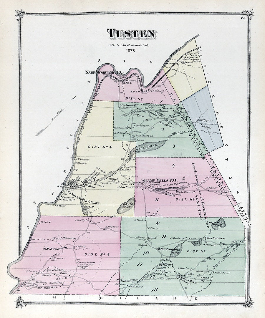 1875 Map of Tusten Township Sullivan County New York