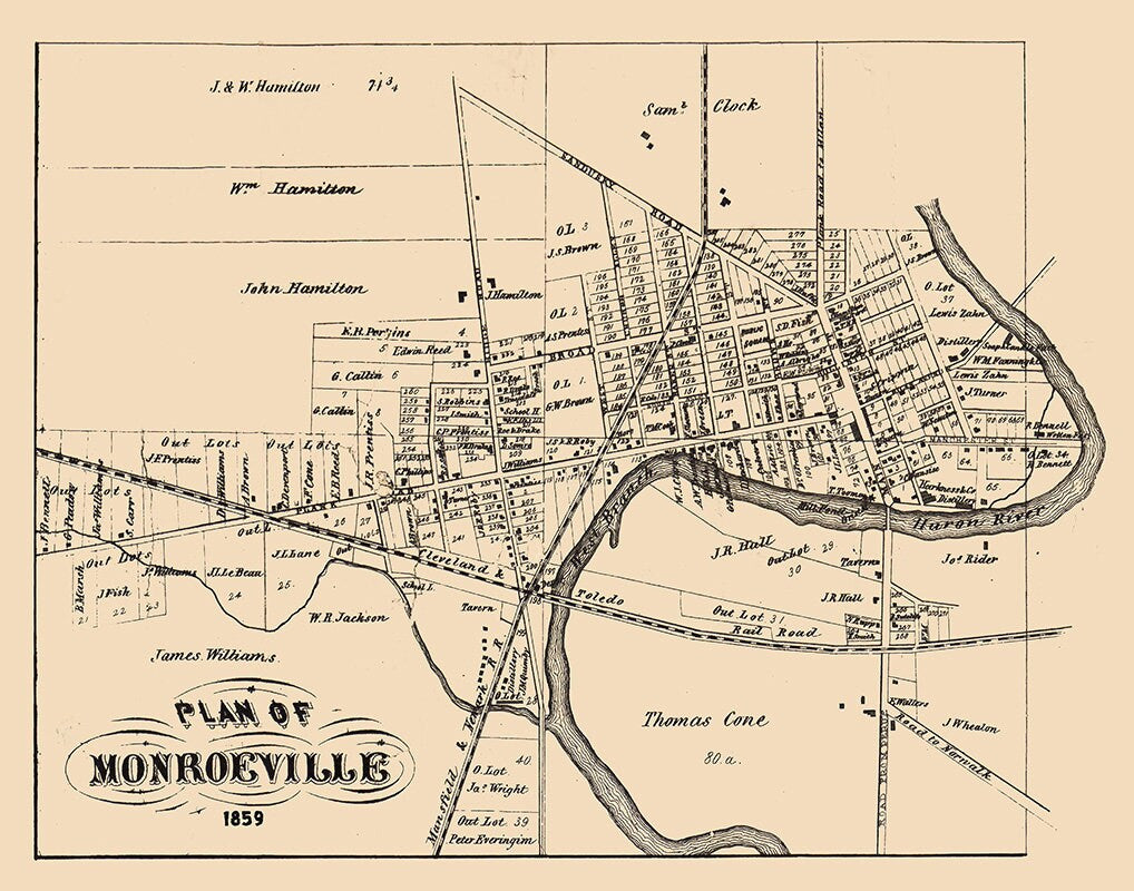 1859 Town Map of Monroeville Huron County Ohio