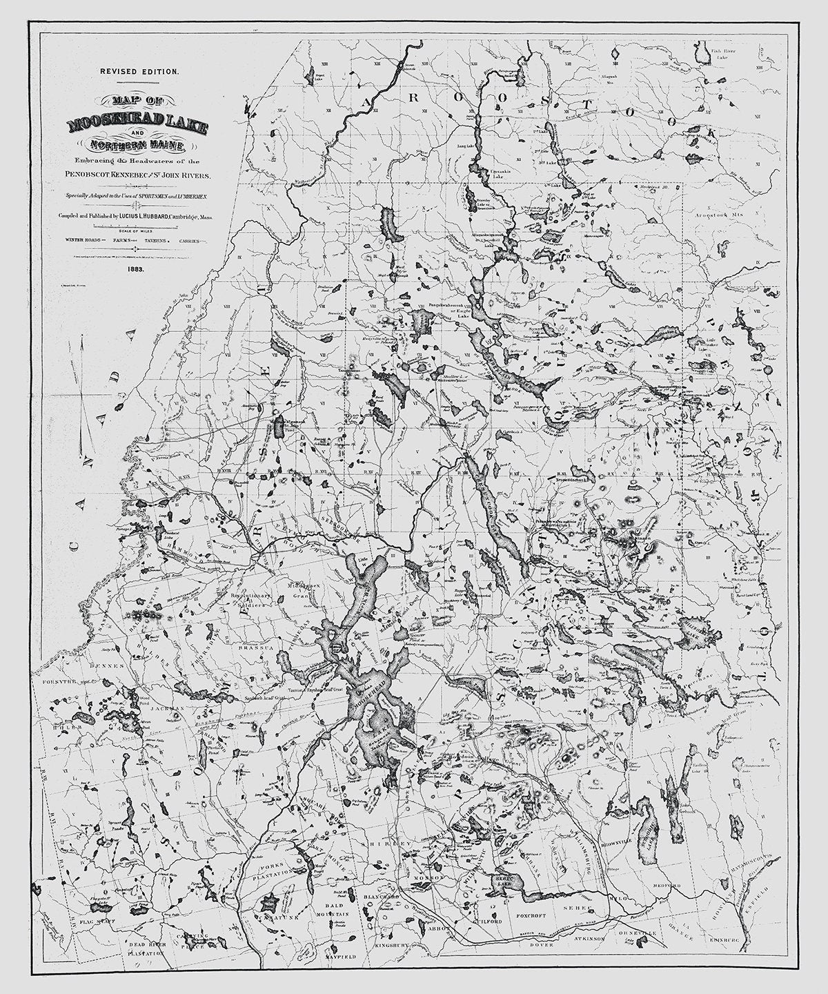 1883 Map of Moosehead Lake and Northern Maine Lakes