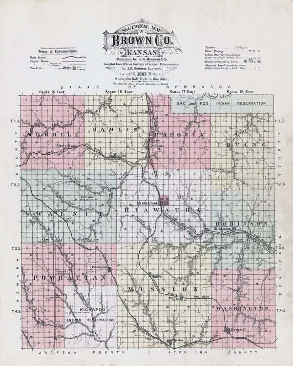 1887 Map of Brown County Kansas Hamlin Hiawatha