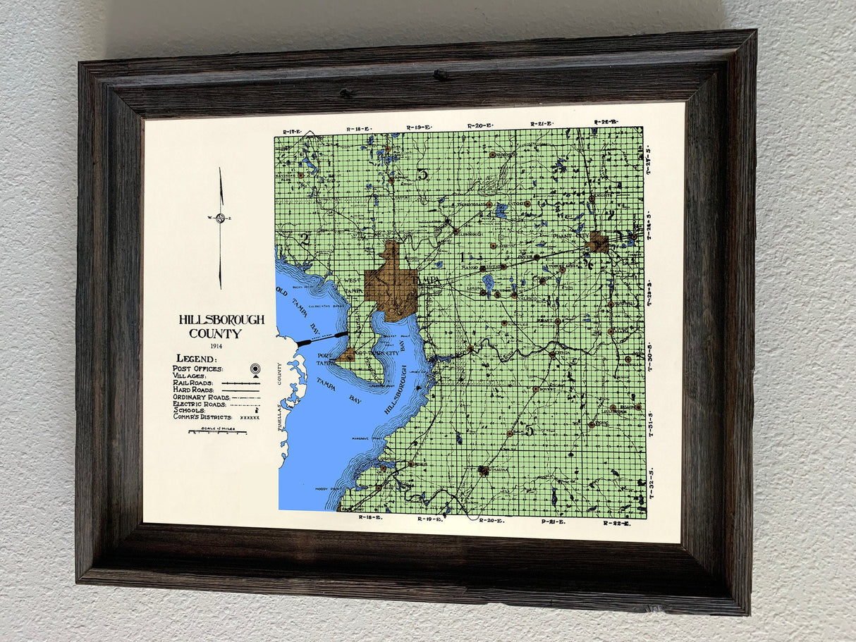 1914 Map of Hillsborough County Florida Tampa Framed
