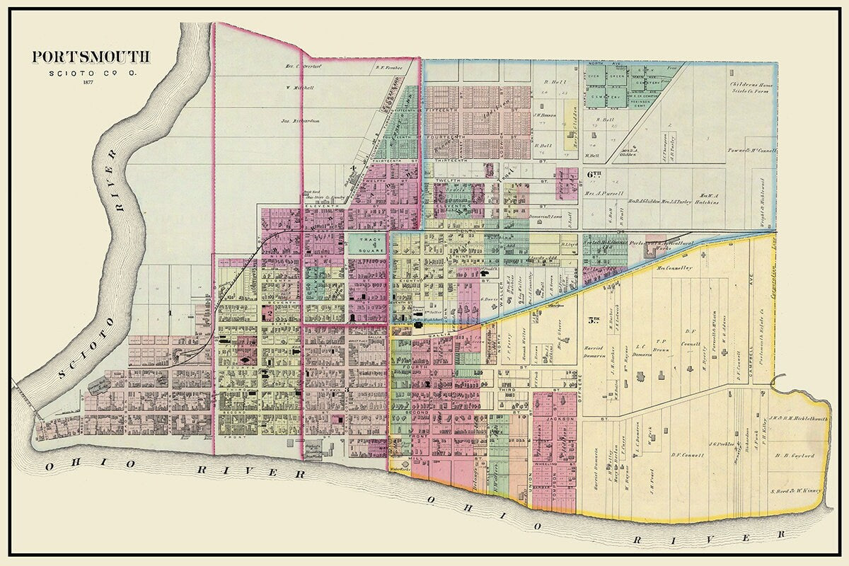 1877 Town Map of Portsmouth Scioto County Ohio