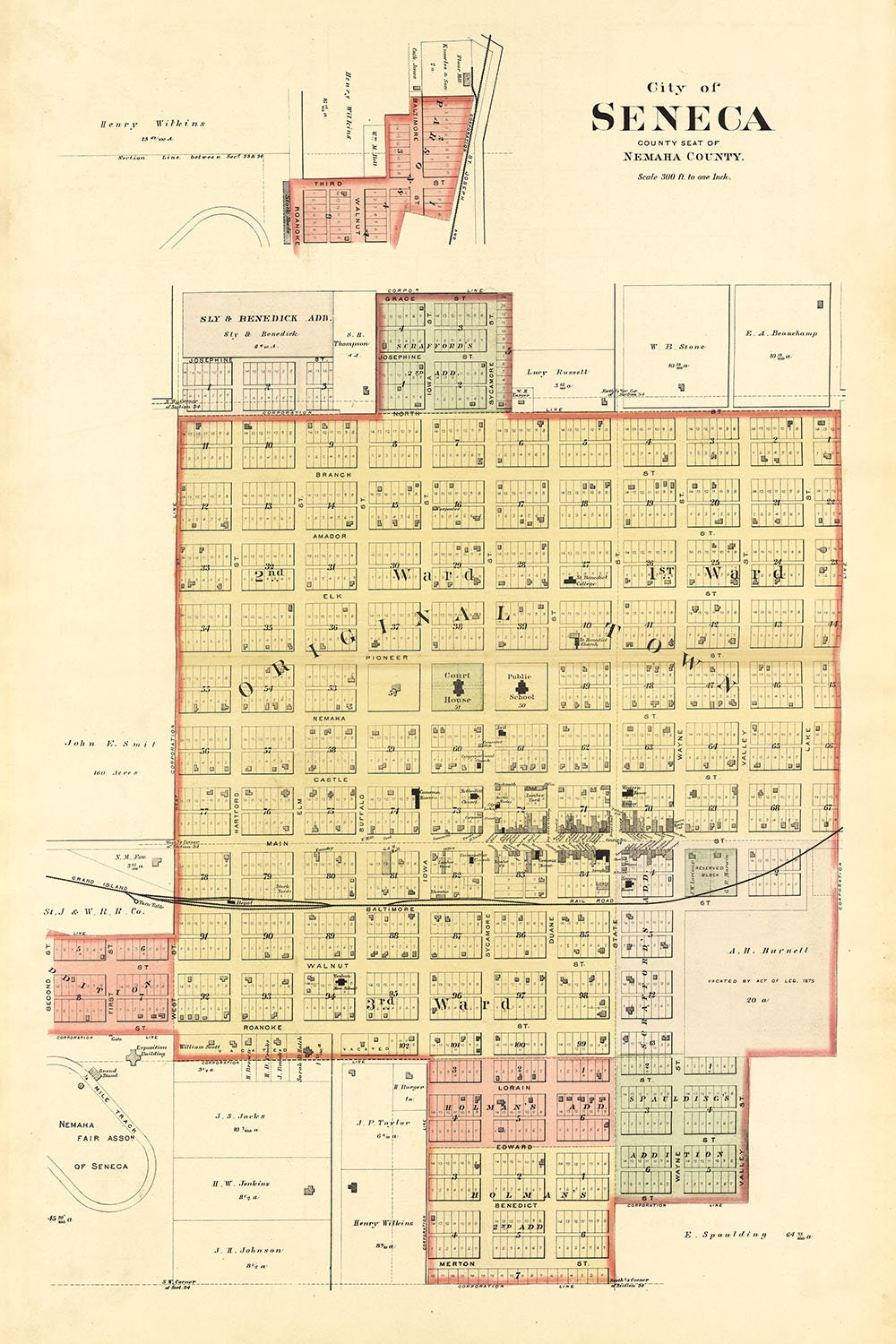 1887 Town Map of Seneca Nemaha County Kansas