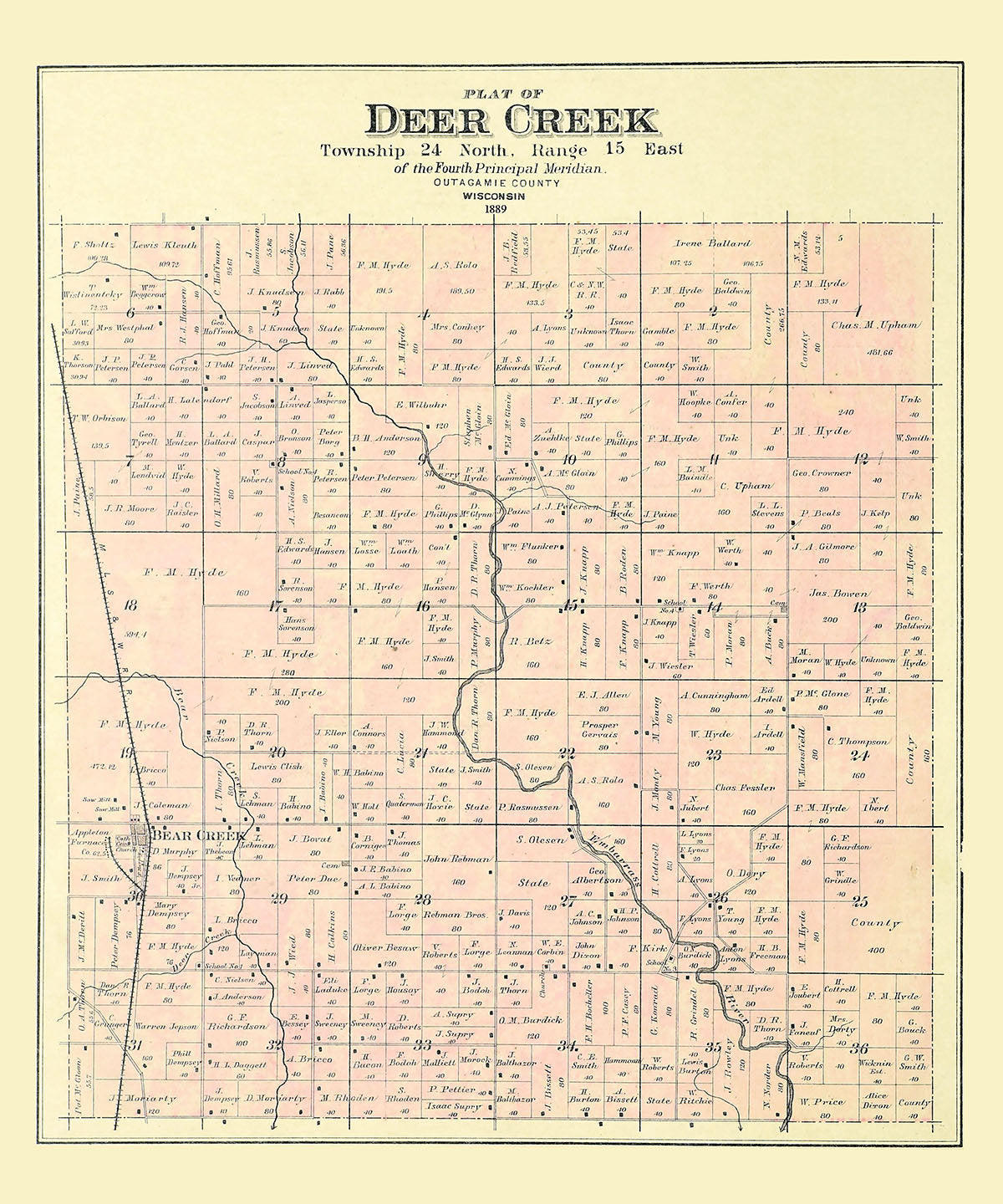 1889 Map of Deer Creek Township Outagamie County Wisconsin