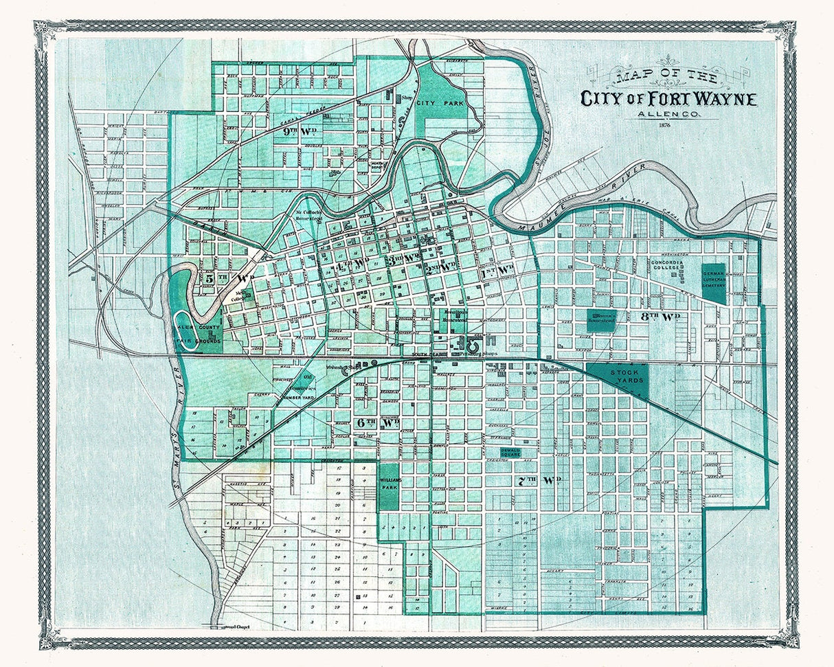 1876 Map of City of Fort Wayne Allen County Indiana