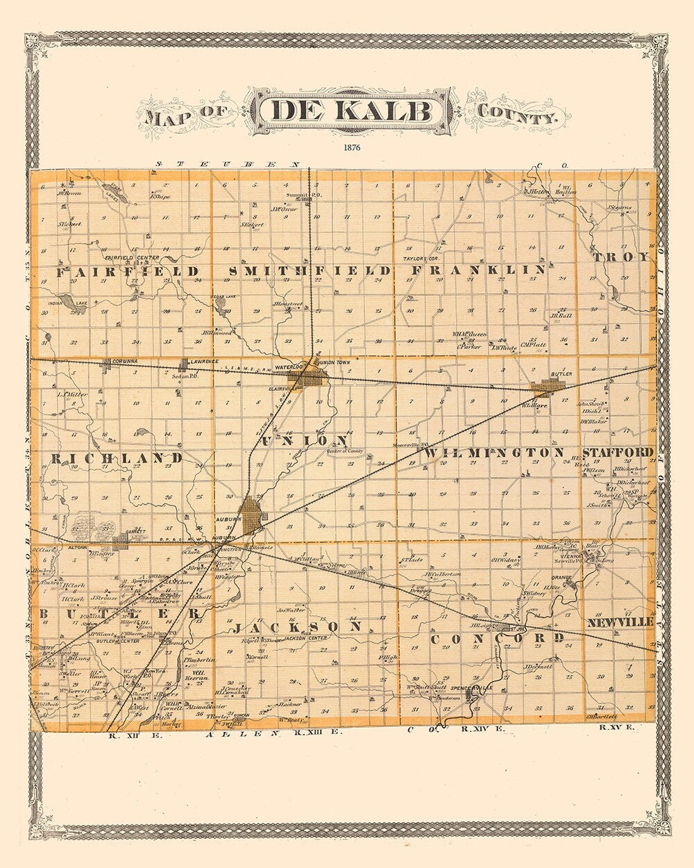 1876 Map of De Kalb County Indiana