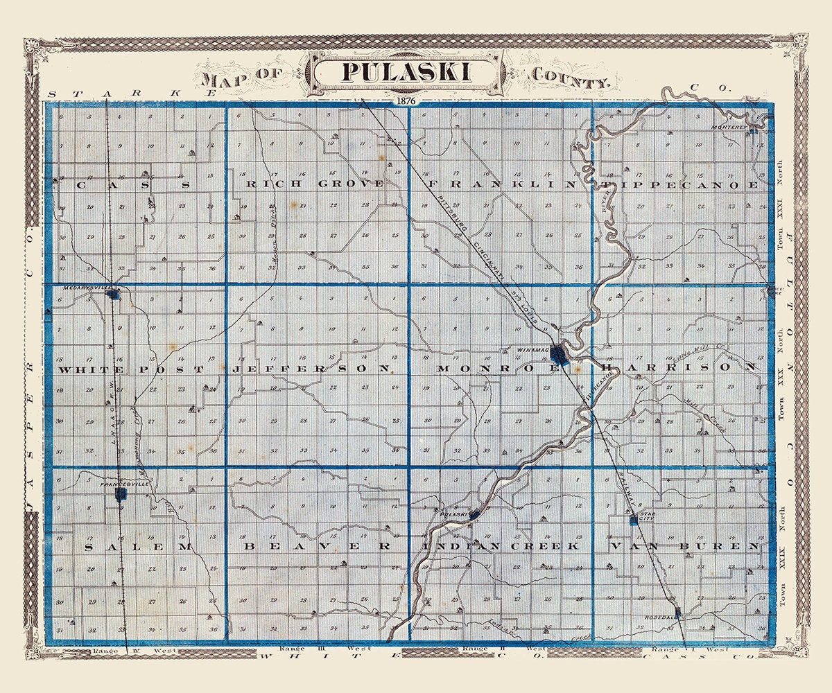 1876 Map of Pulaski County Indiana