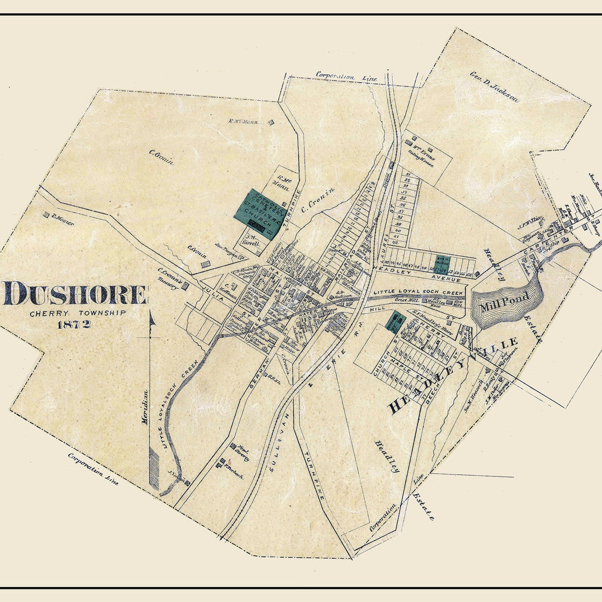 1872 Town Map of Dushore Sullivan County Pennsylvania – Genealogical ...