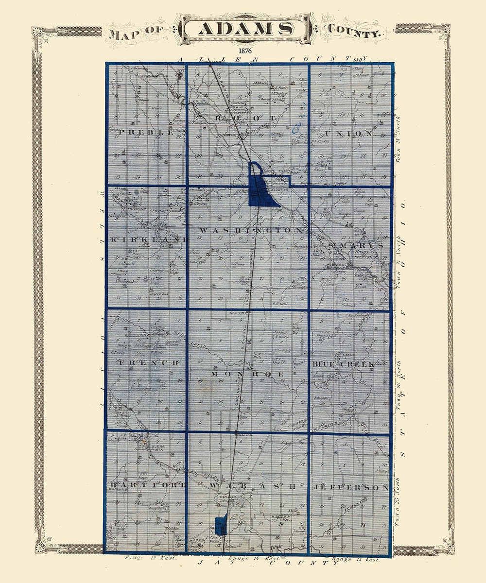 1876 Map of Adams County Indiana