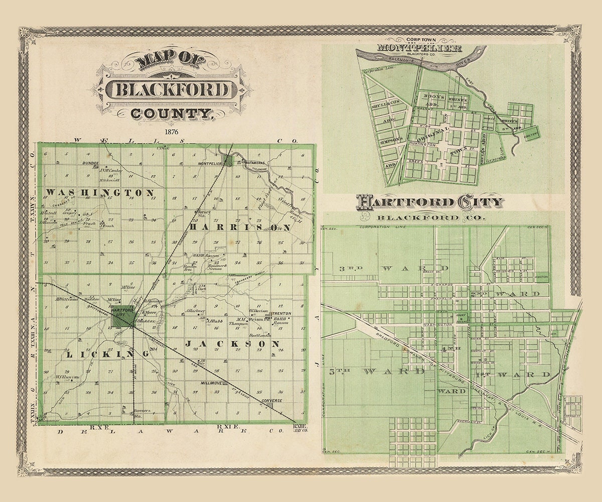 1876 Map of Blackford County Indiana Hartford City
