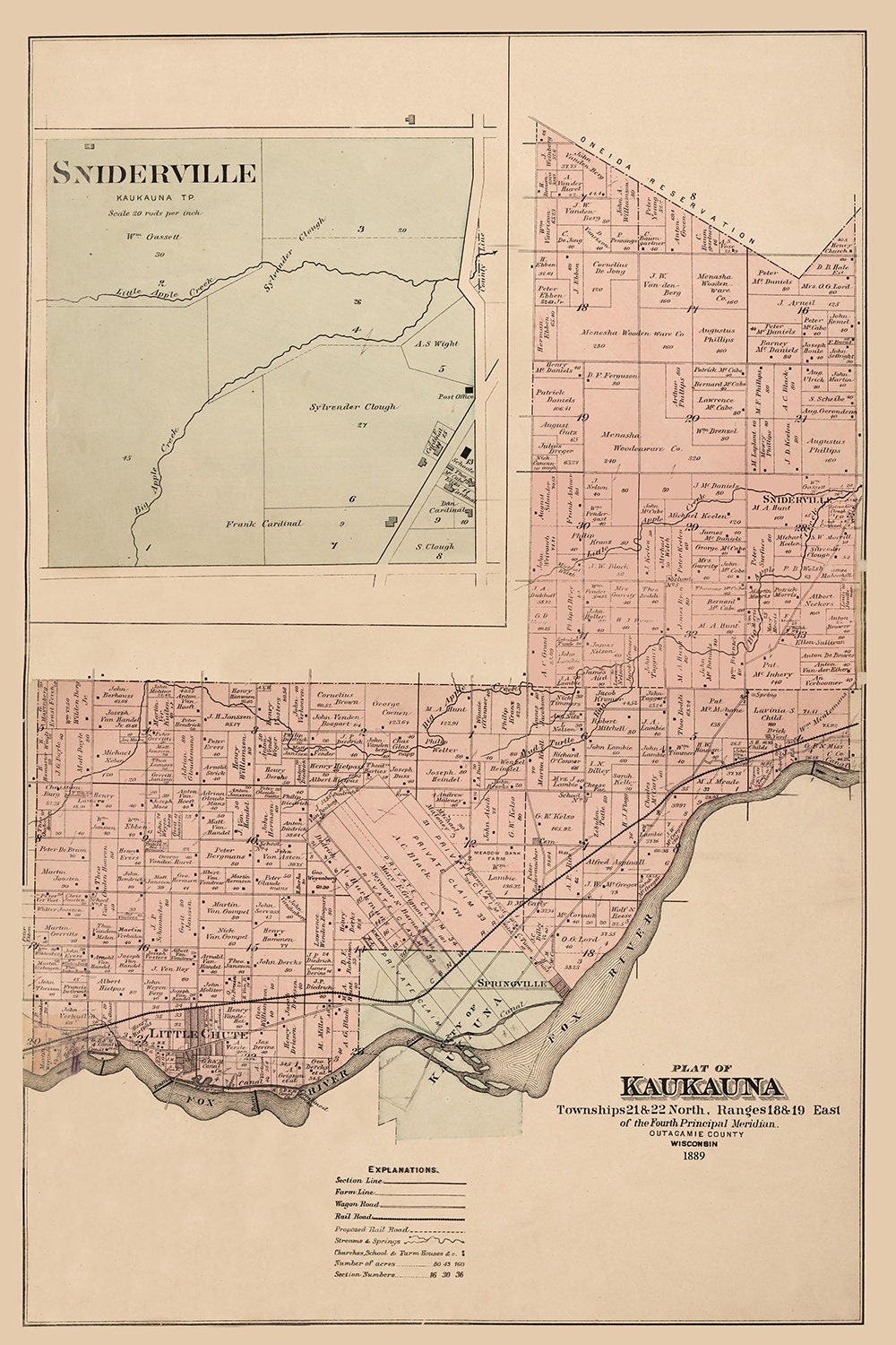 1889 Map of Kaukauna Township Outagamie County Wisconsin