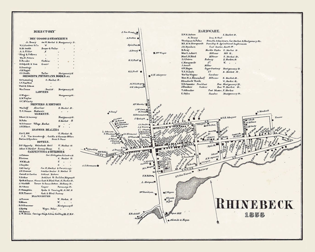 1858 Town Map of Rhinebeck Dutchess County New York