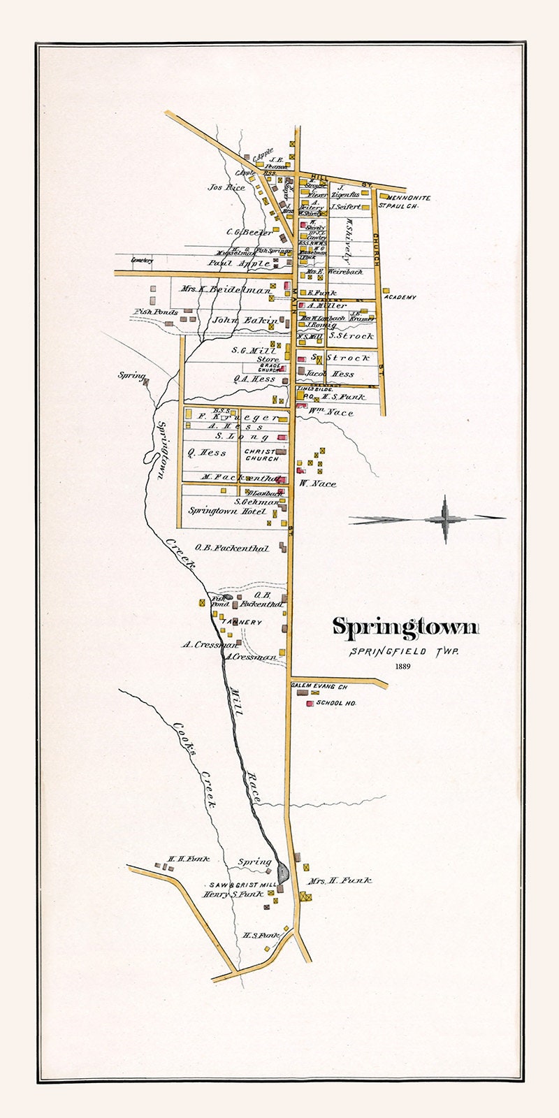 1891 Town Map of Springtown Bucks County Pennsylvania