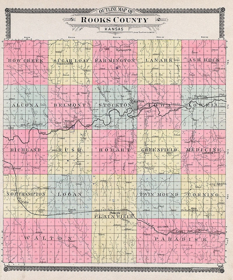 1904 Map of Rooks County Kansas Stockton Plainville