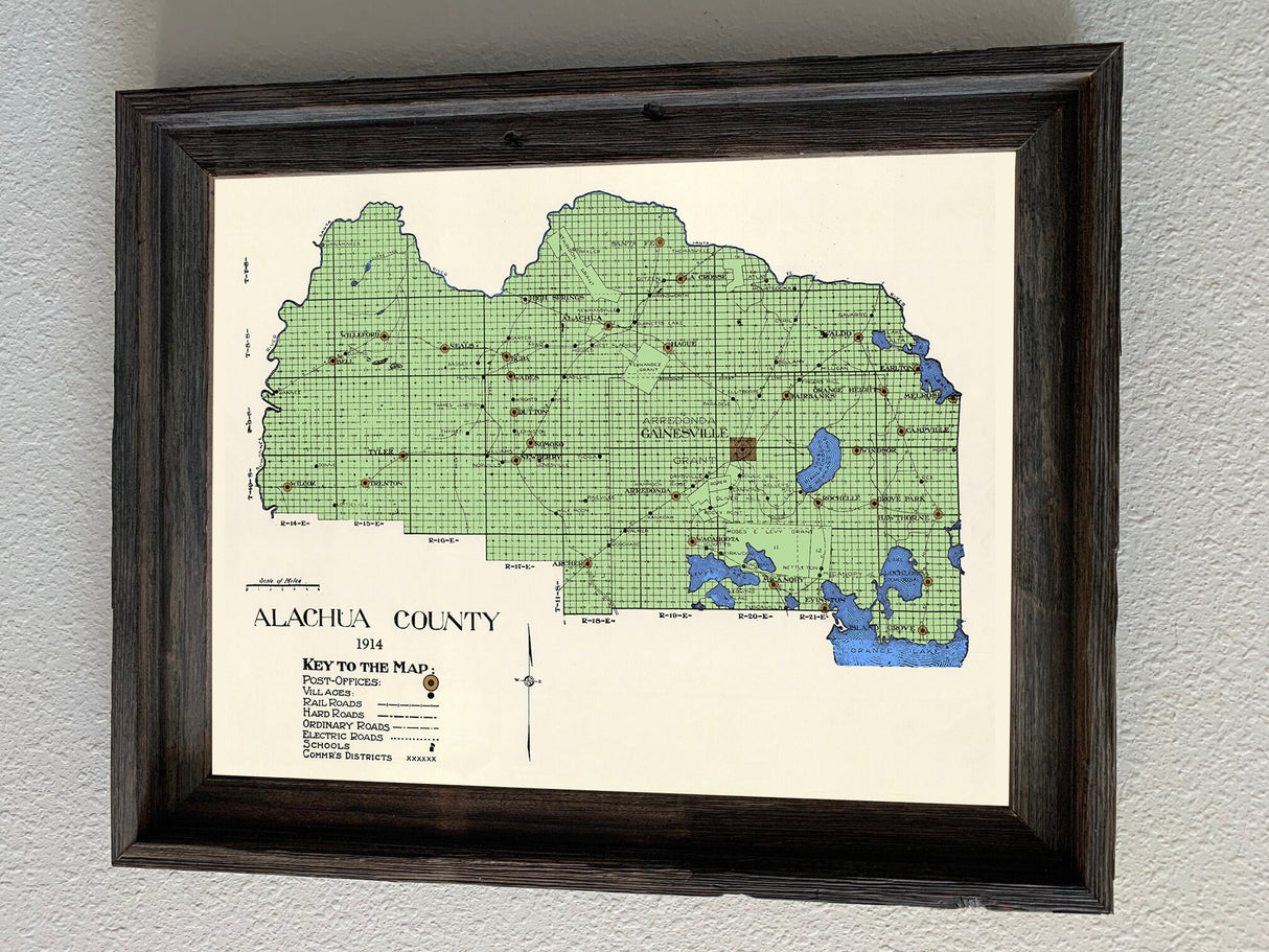 1914 Map of Alachua County Florida Gainesville Framed