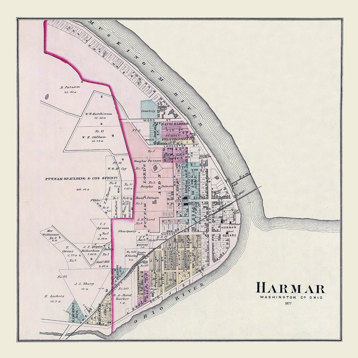 1877 Town Map of Harmar Washington County Ohio