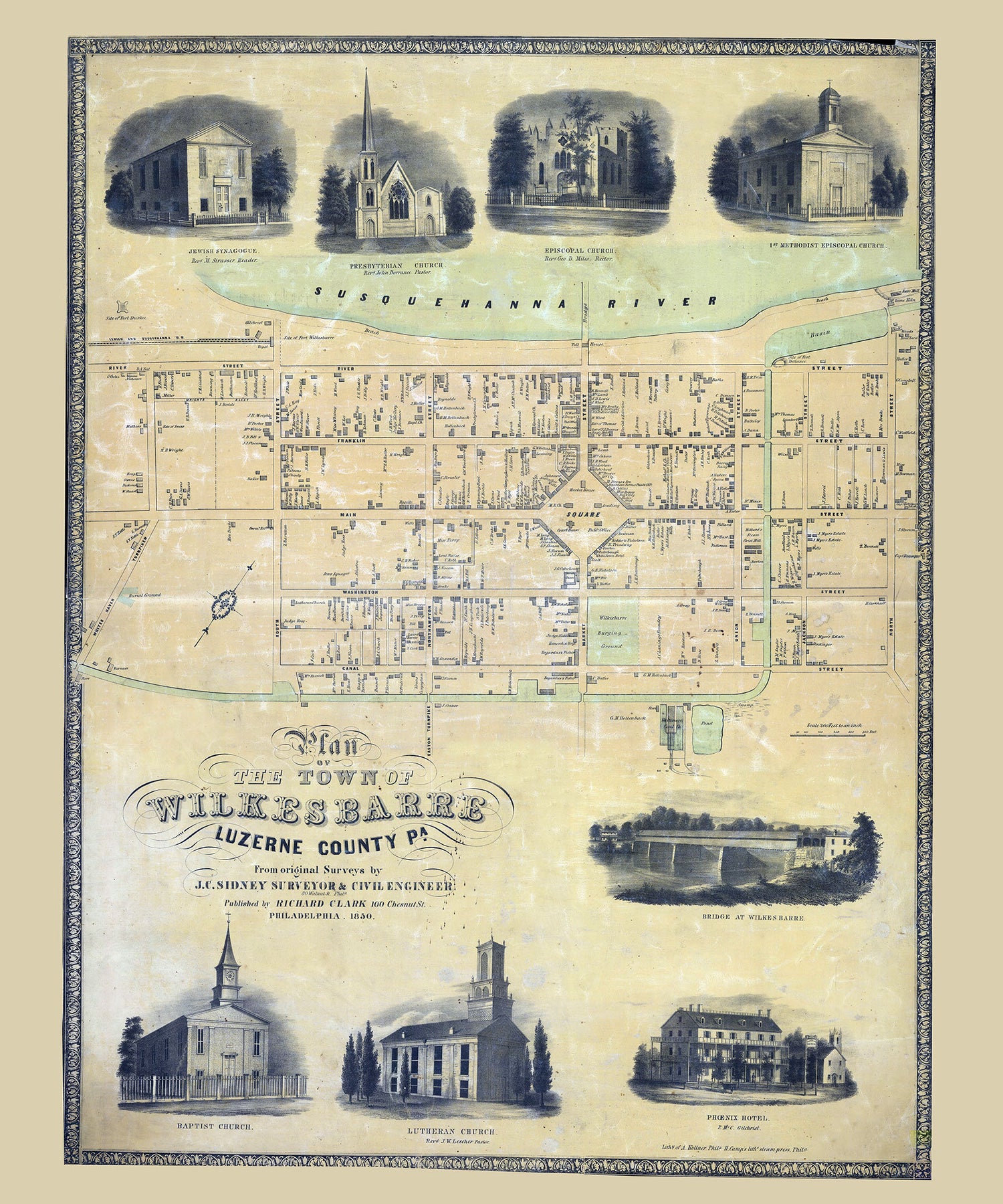 1850 Town Map of Wilkes-Barre Luzerne County Pennsylvania