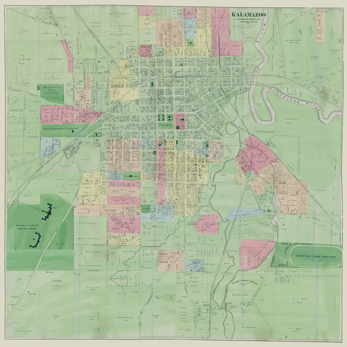 1873 Map of Kalamazoo Kalamazoo County Michigan