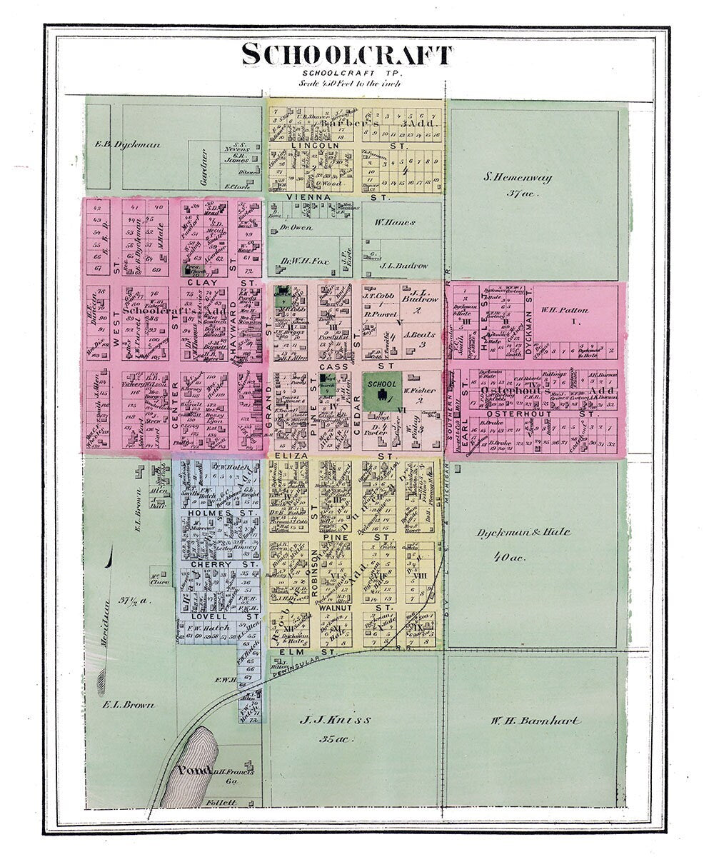 1873 Town Map of Schoolcraft Kalamazoo County Michigan