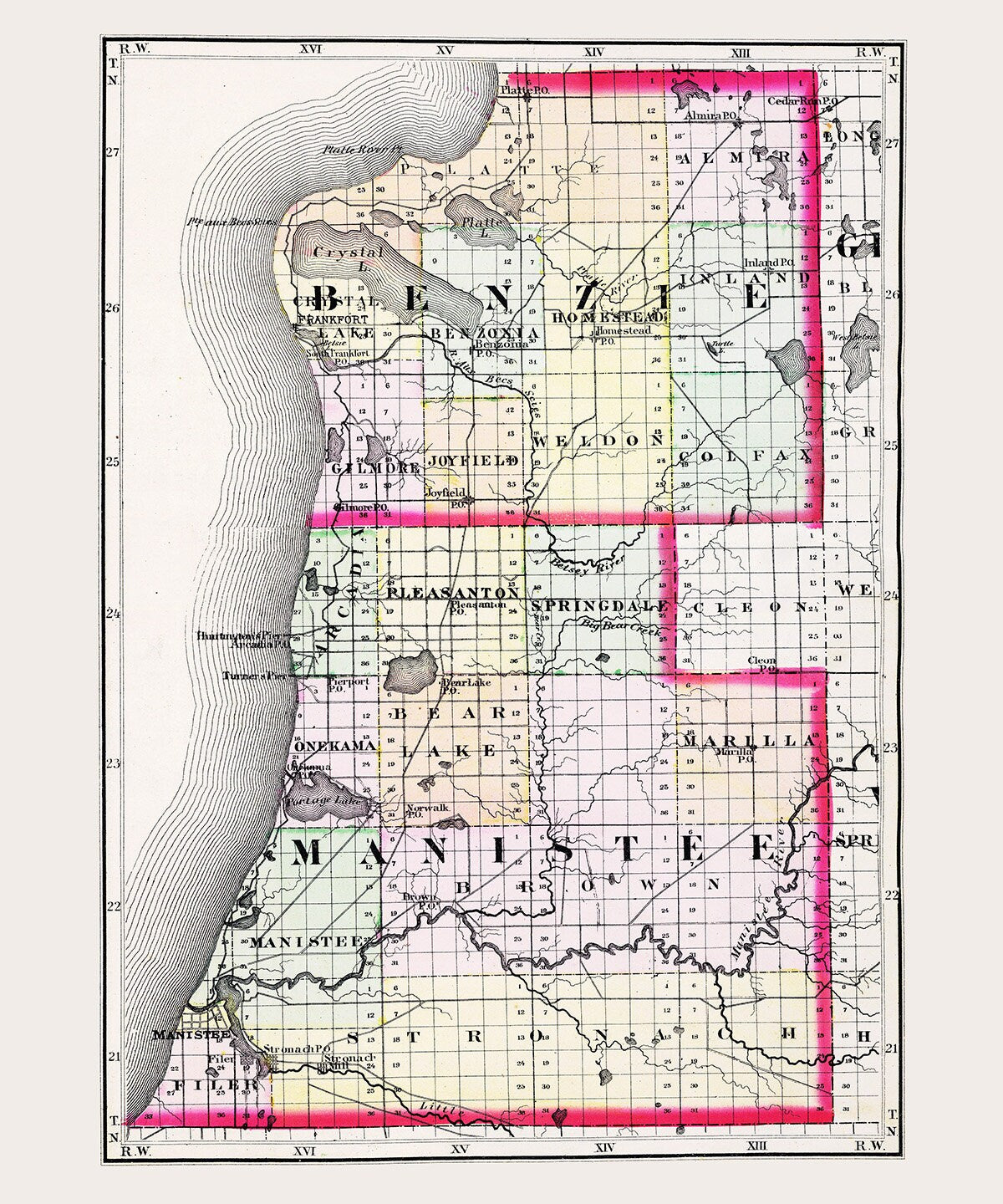 1873 Map of Benzie and Manistee County Michigan