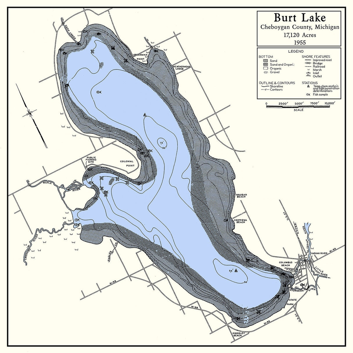 1955 Map of Burt Lake Cheboygan County Michigan