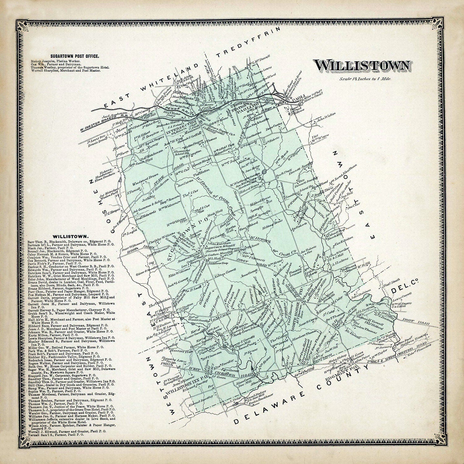 1873 Map of Willistown Township Chester County Pennsylvania