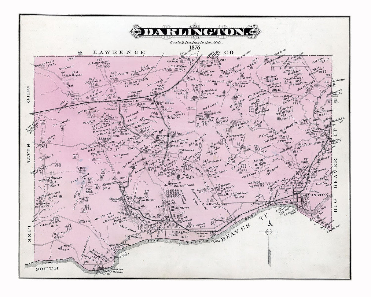 1876 Map of Darlington Township Beaver County Pennsylvania