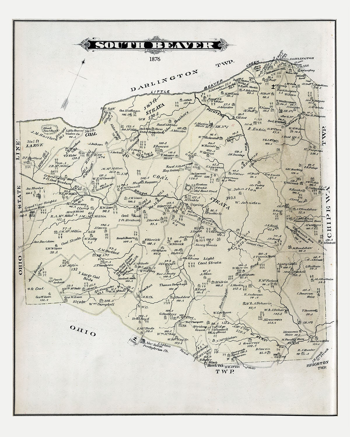 1876 Map of South Beaver Township Beaver County Pennsylvania