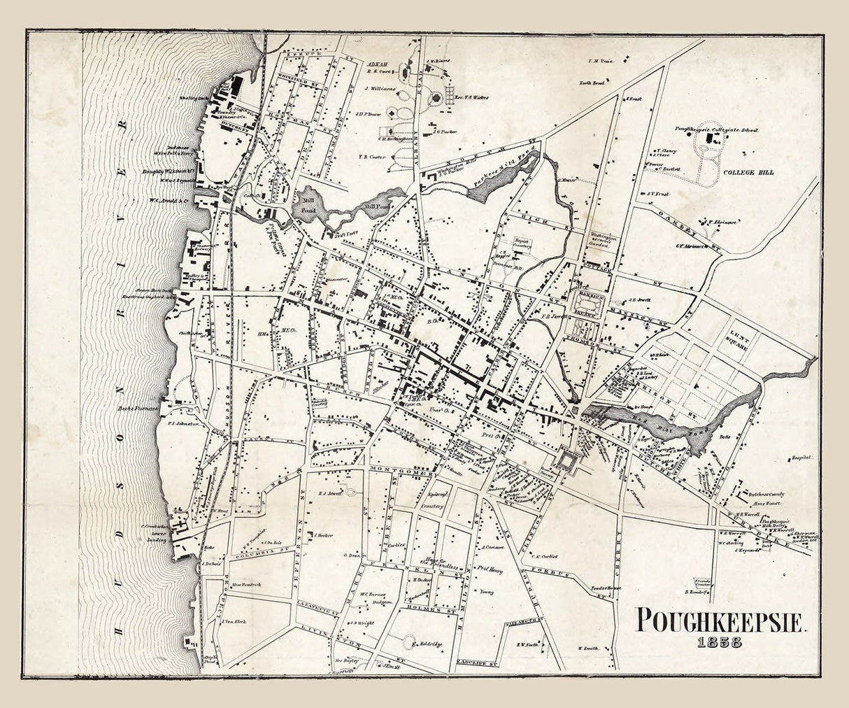 1858 Town Map of Poughkeepsie Dutchess County New York