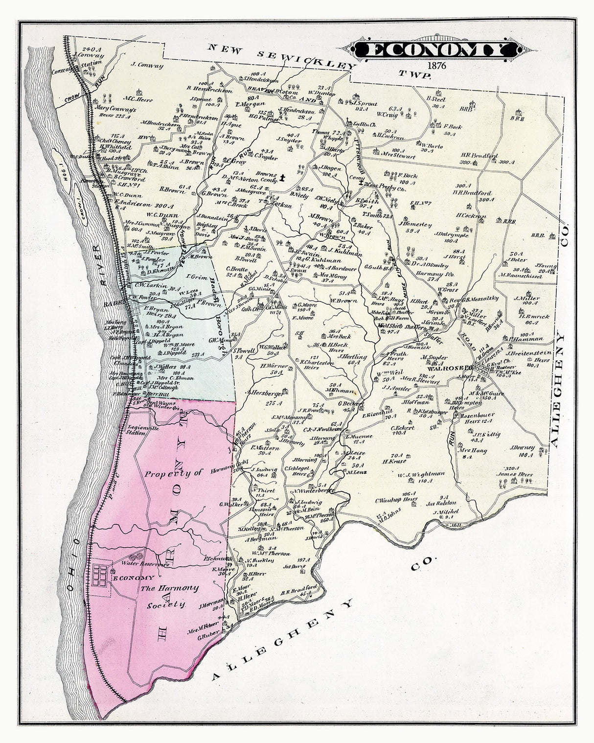 1876 Map of Economy Township Beaver County Pennsylvania