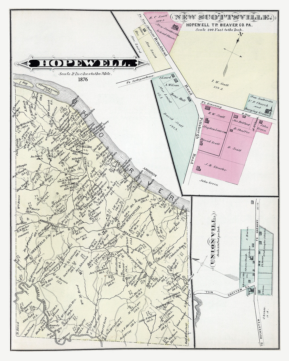 1876 Map of Hopewell Township Beaver County Pennsylvania