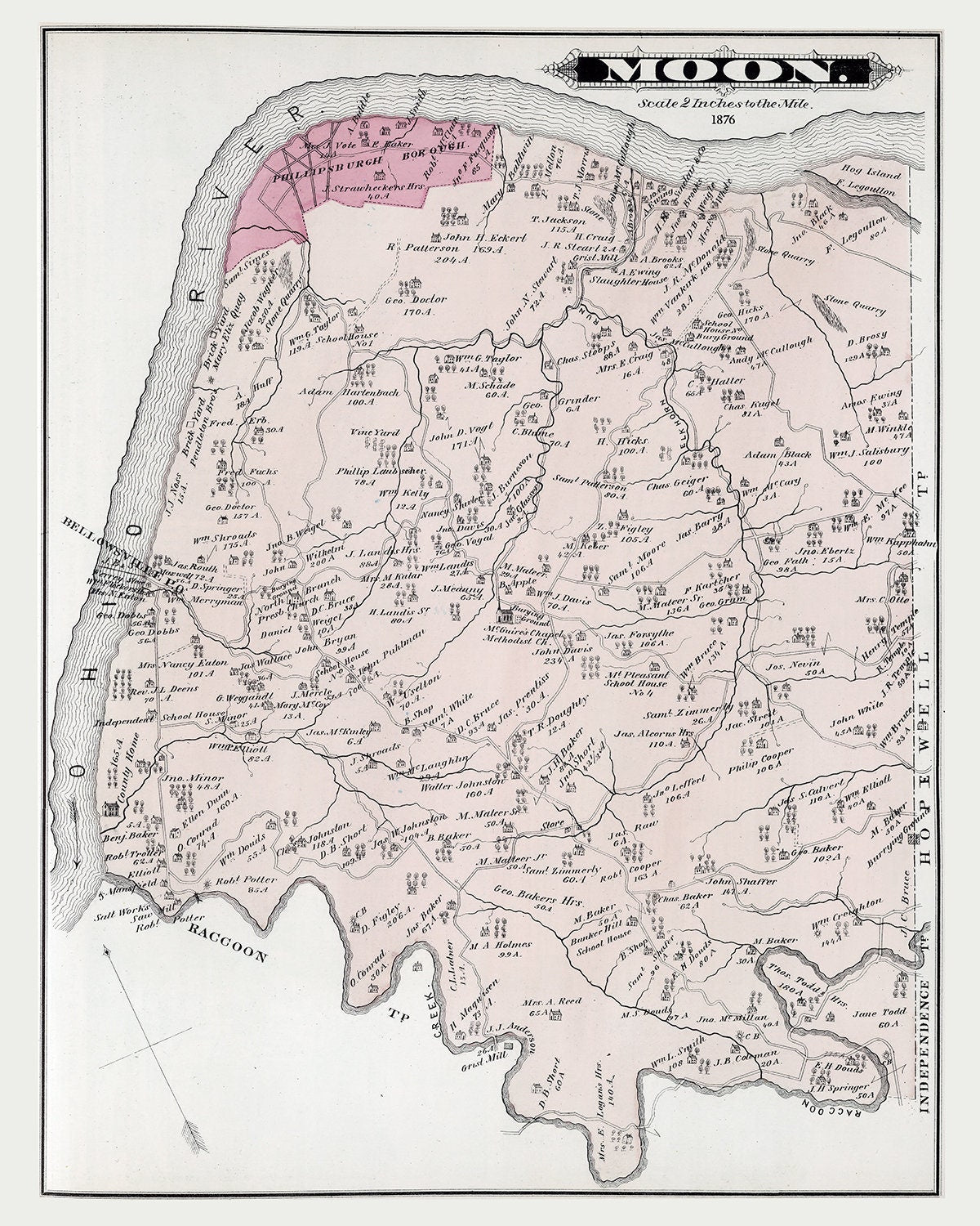 1876 Map of Moon Township Beaver County Pennsylvania