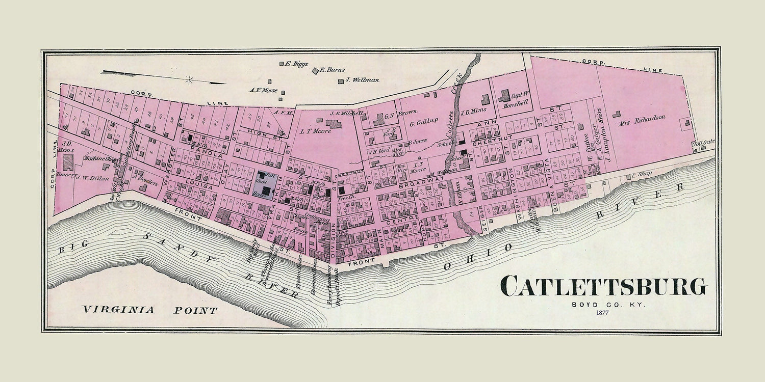 1877 Town Map of Catlettsburg Boyd County Kentucky