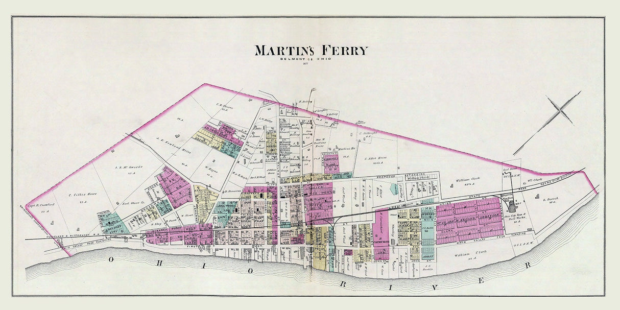 1877 Town Map of Martins Ferry Belmont County Ohio