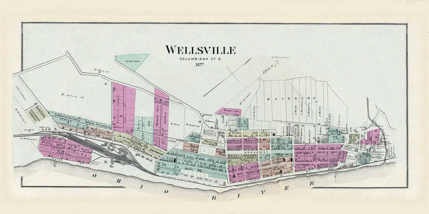 1877 Town Map of Wellsville Columbiana County Ohio