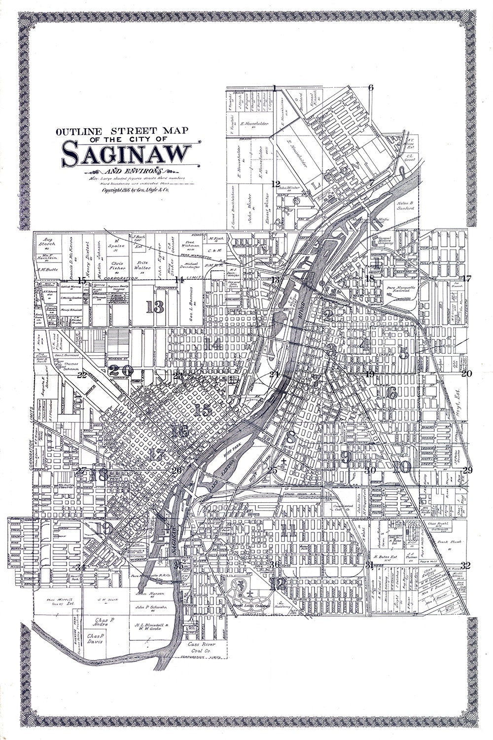 1916 Town Map of Saginaw Michigan