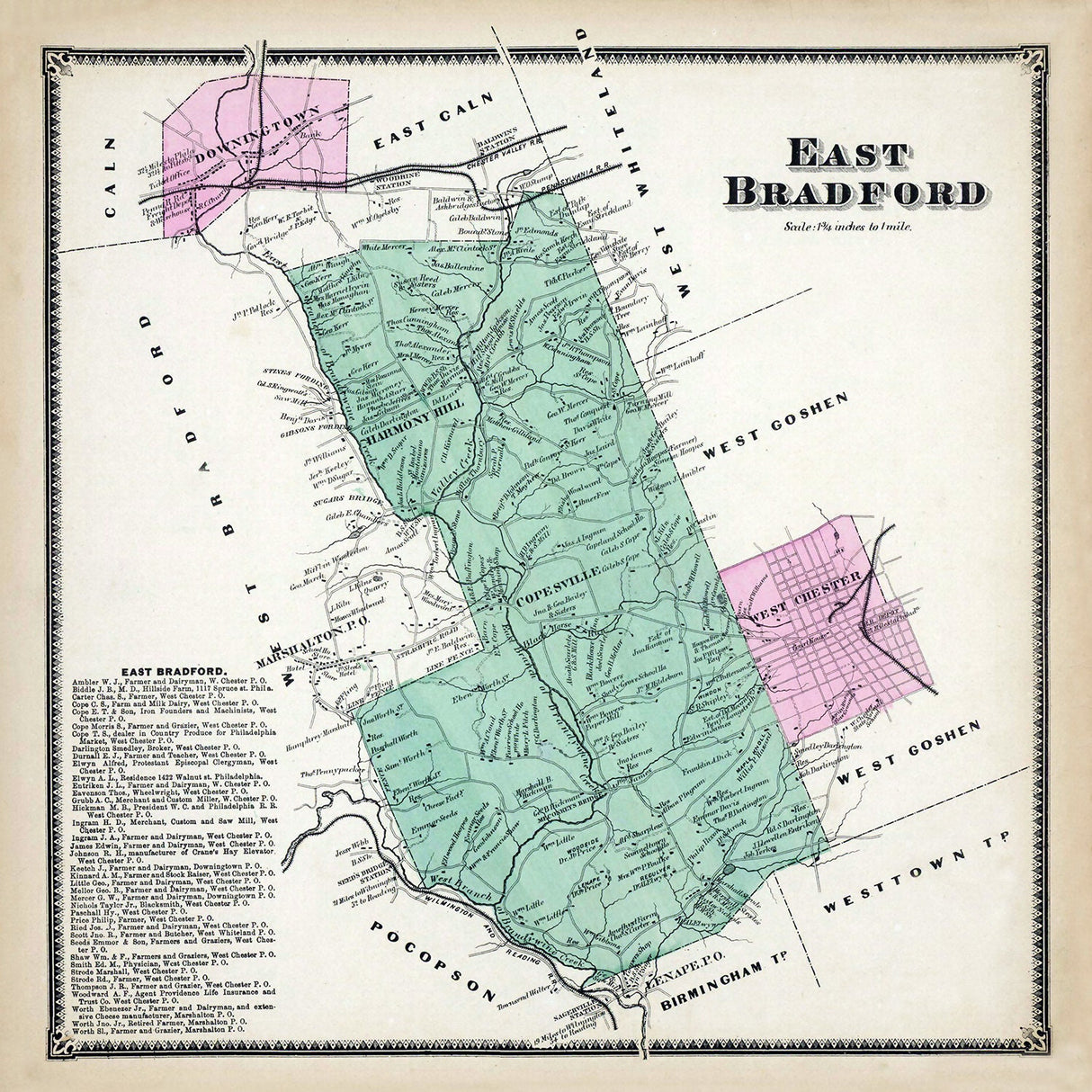 1873 Map of East Bradford Township Chester County Pennsylvania
