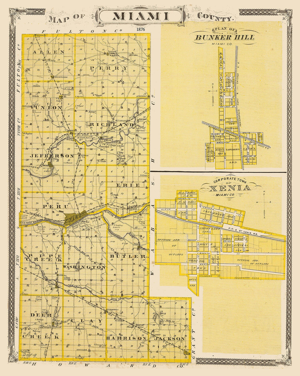 1876 Map of Miami County Indiana Xenia