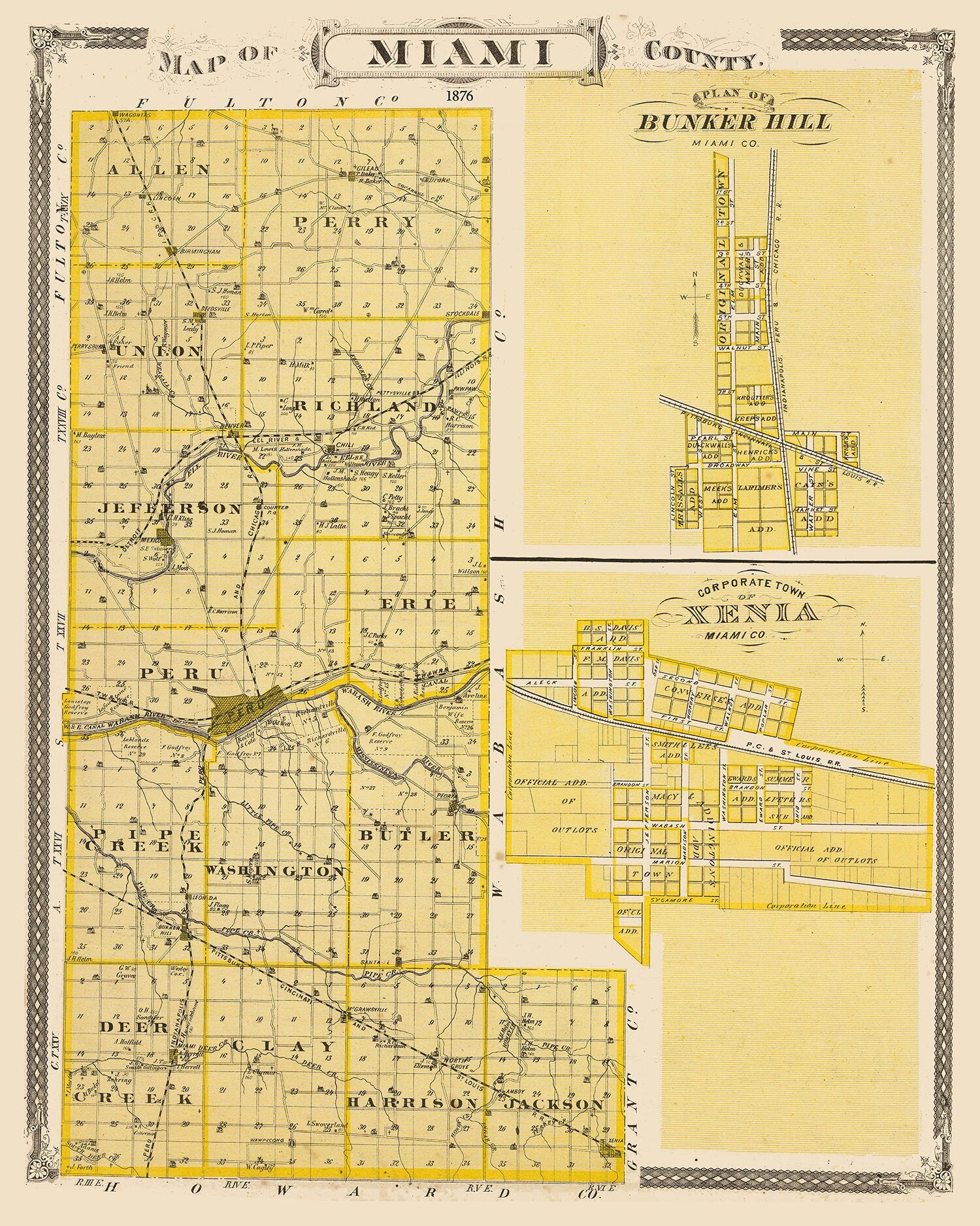 1876 Map of Miami County Indiana Xenia