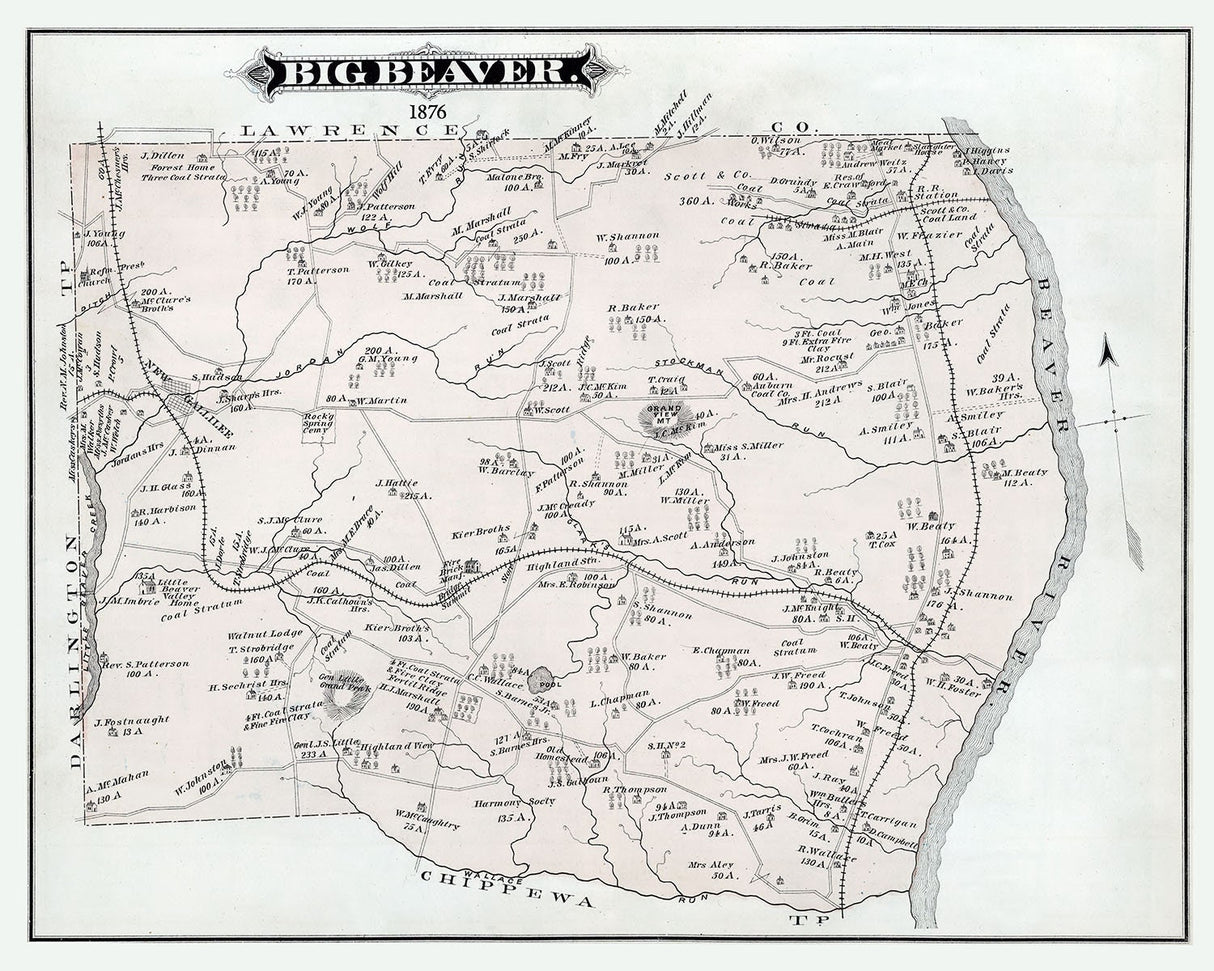 1876 Map of Big Beaver Township Beaver County Pennsylvania