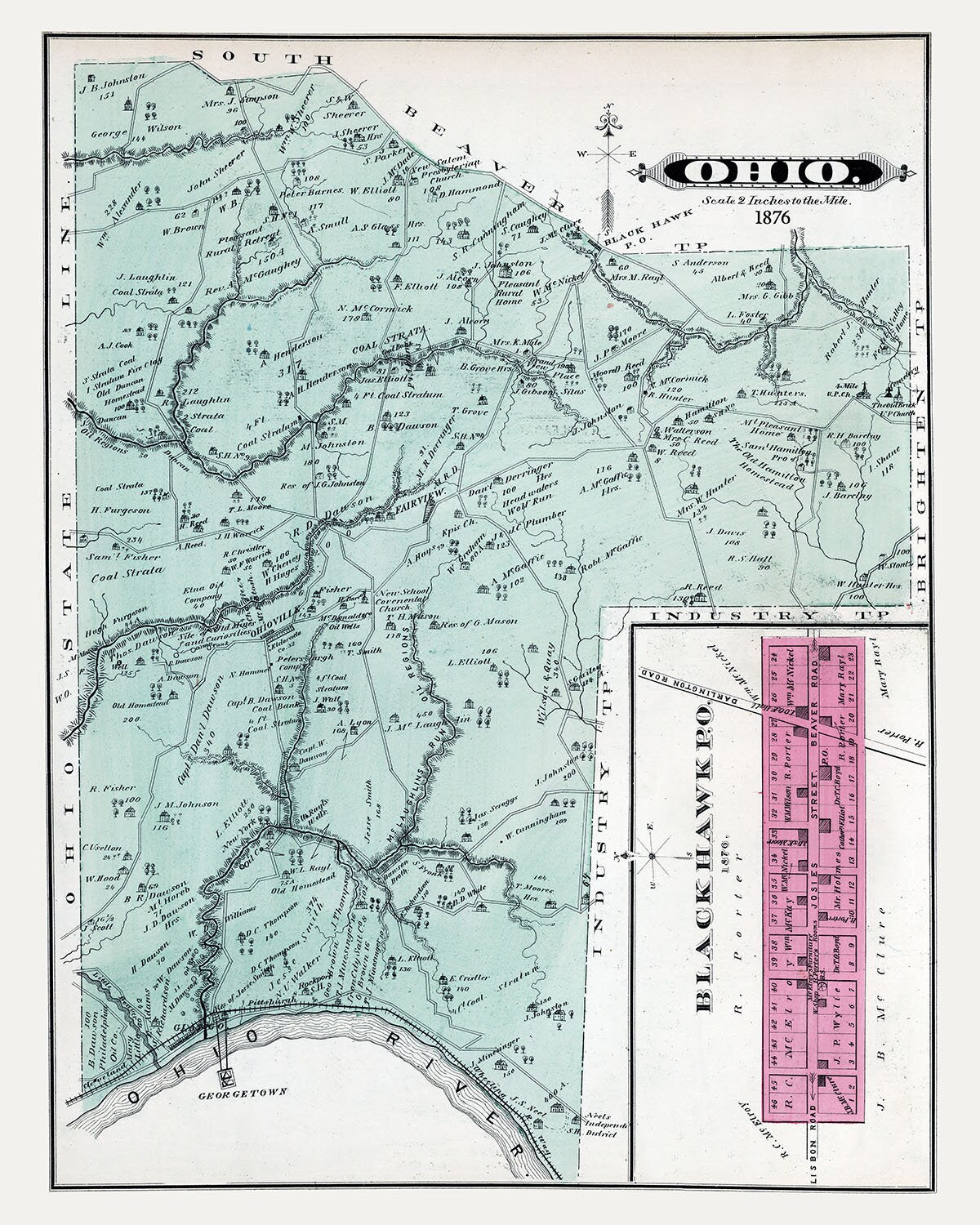 1876 Map of Ohio Township Beaver County Pennsylvania