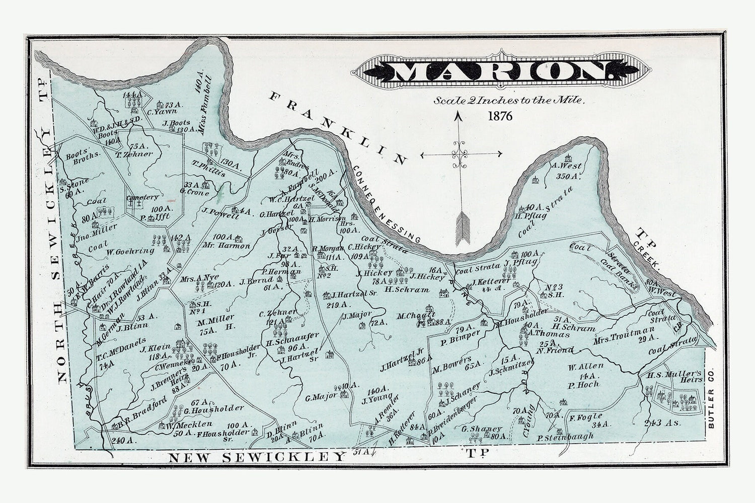1876 Map of Marion Township Beaver County Pennsylvania