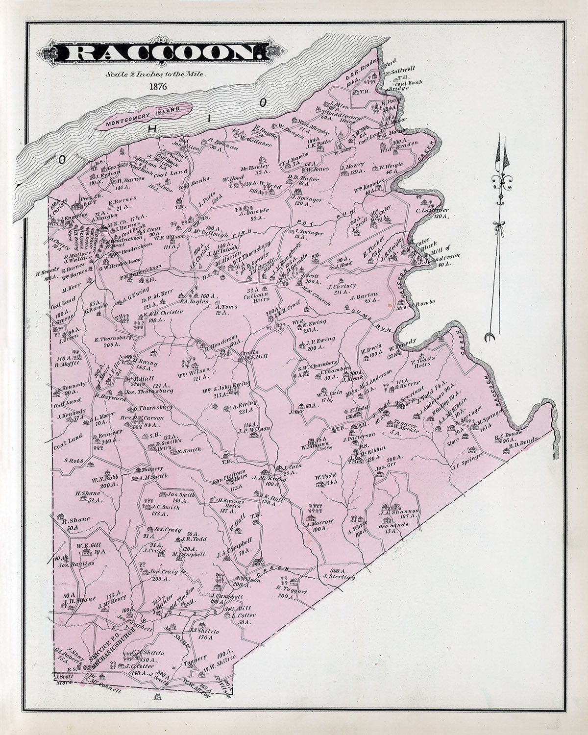 1876 Map of Raccoon Township Beaver County Pennsylvania