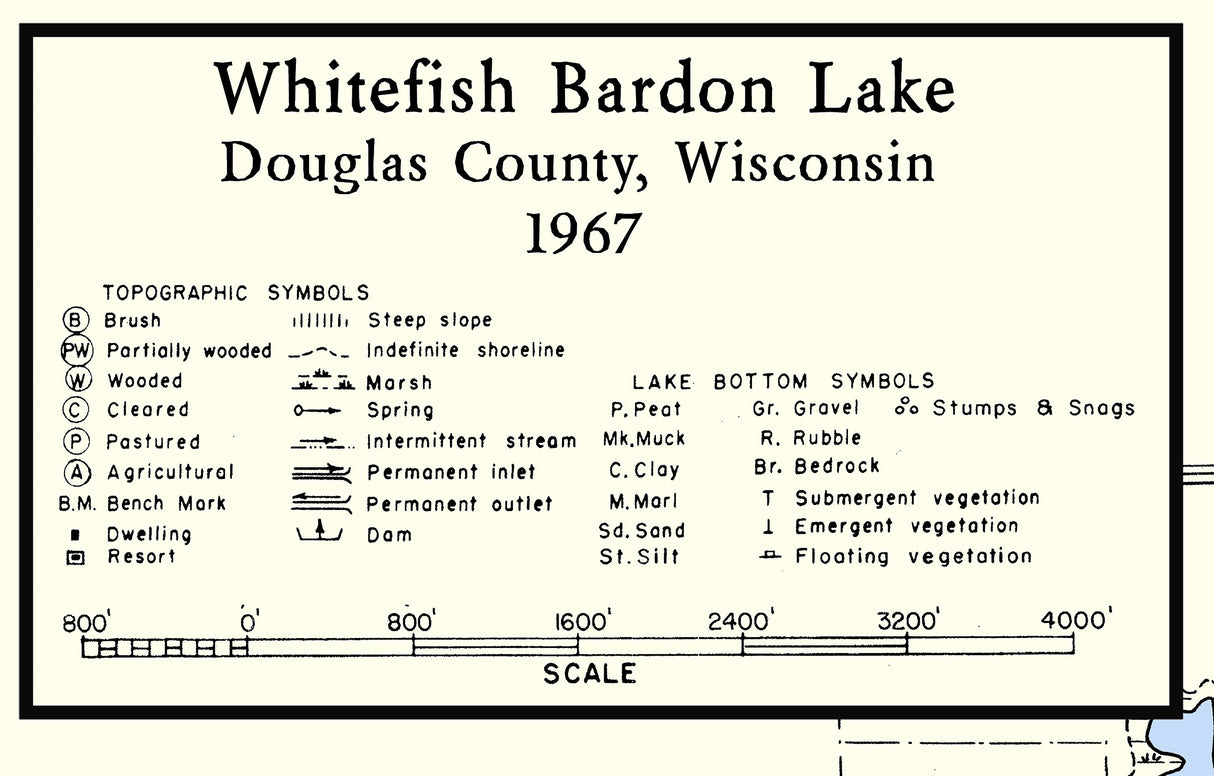 1967 Map of Whitefish Bardon Lake Douglas County Wisconsin