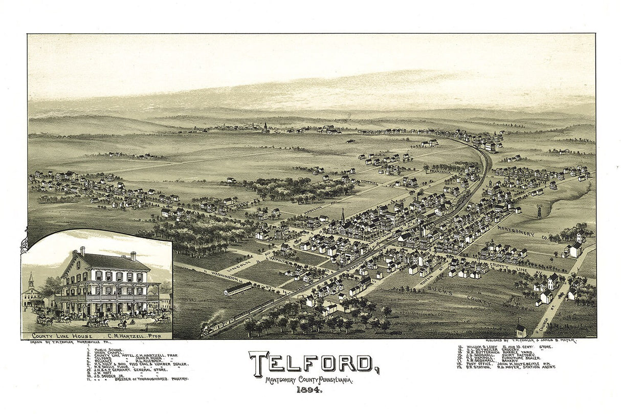 1894 Panoramic Map of Telford Montgomery County Pennsylvania
