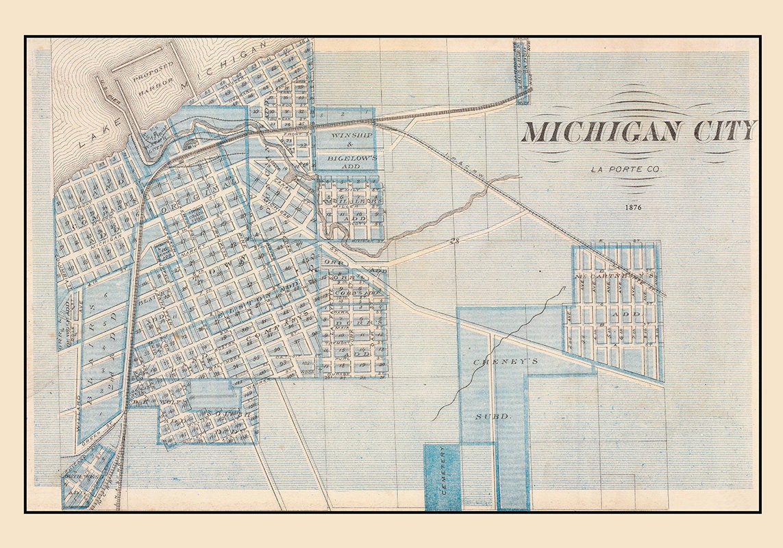 1876 Town Map of Michigan City La Porte County Indiana